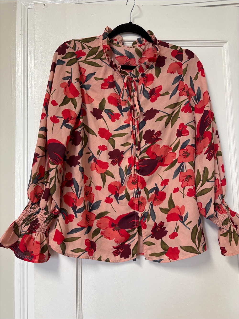 Floral Tie-Neck Blouse in Pink and Red